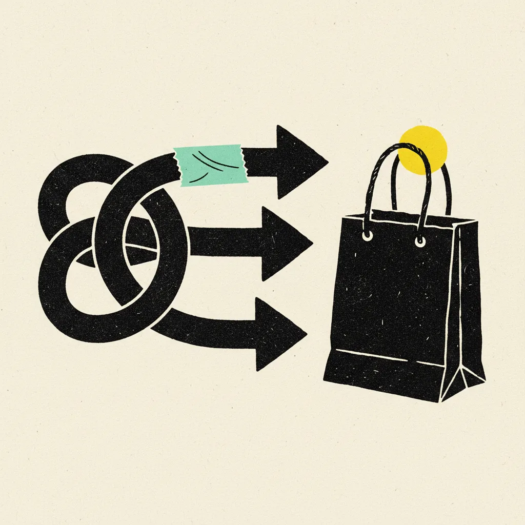 Three tangled black ink arrows converging on a paper shopping bag, mint tape strip on one arrow