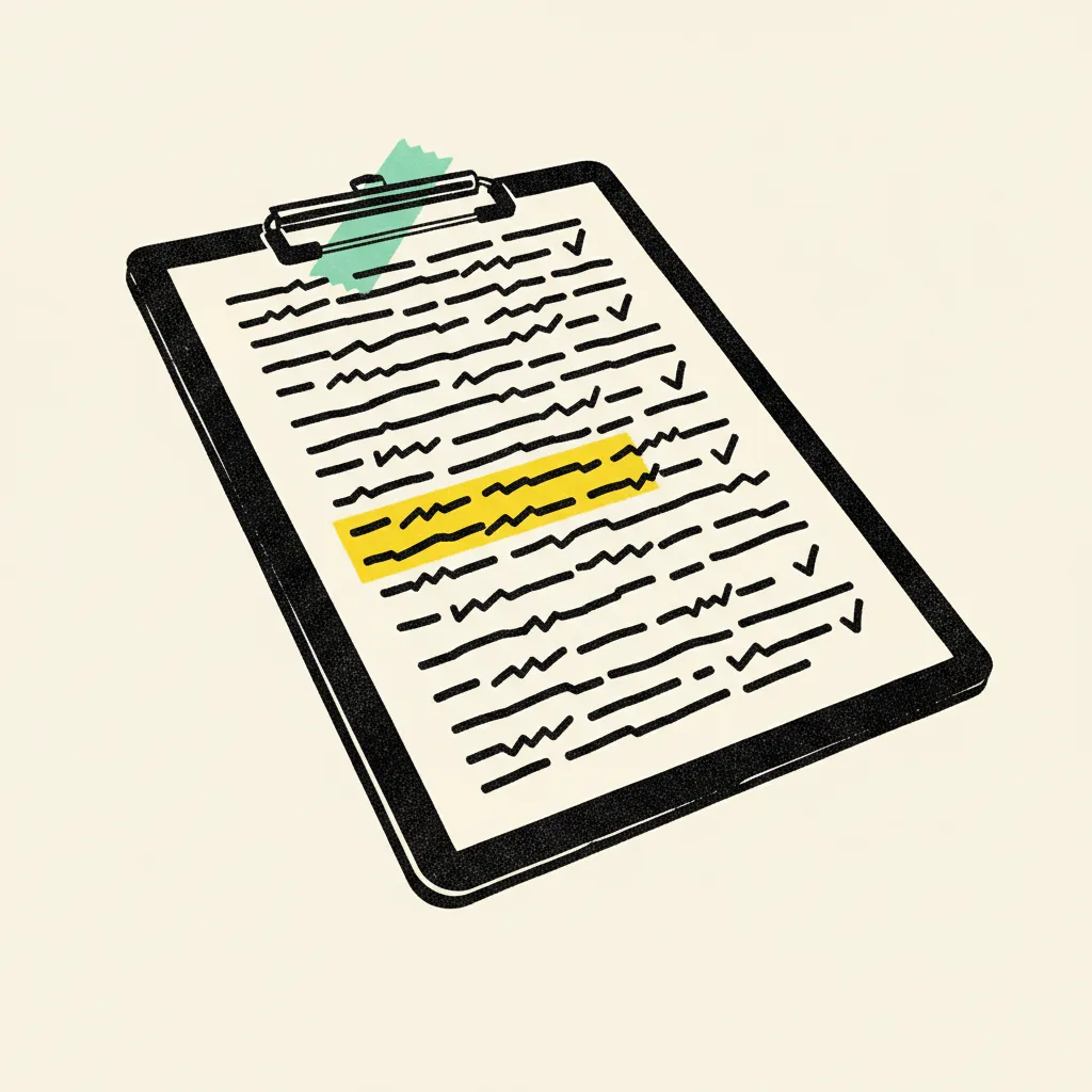 Brutalist clipboard with abstract tick marks and one highlighted yellow row