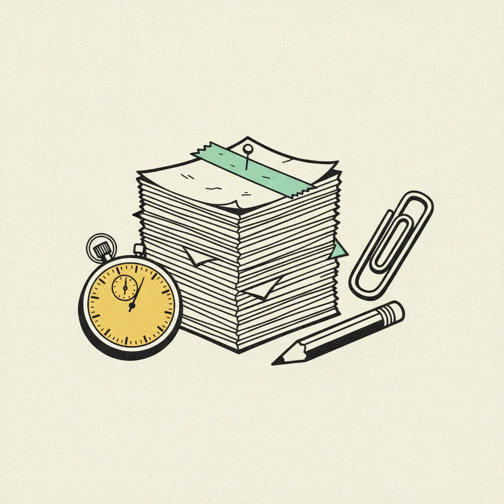 Stopwatch on its side beside a stack of paper drafts pinned with mint tape, brutalist editorial illustration.
