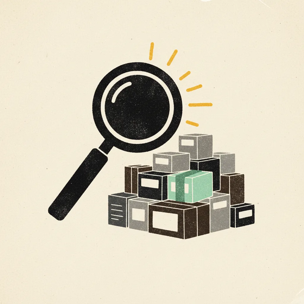 Magnifying glass over stacked product boxes, mint tape strip on one box