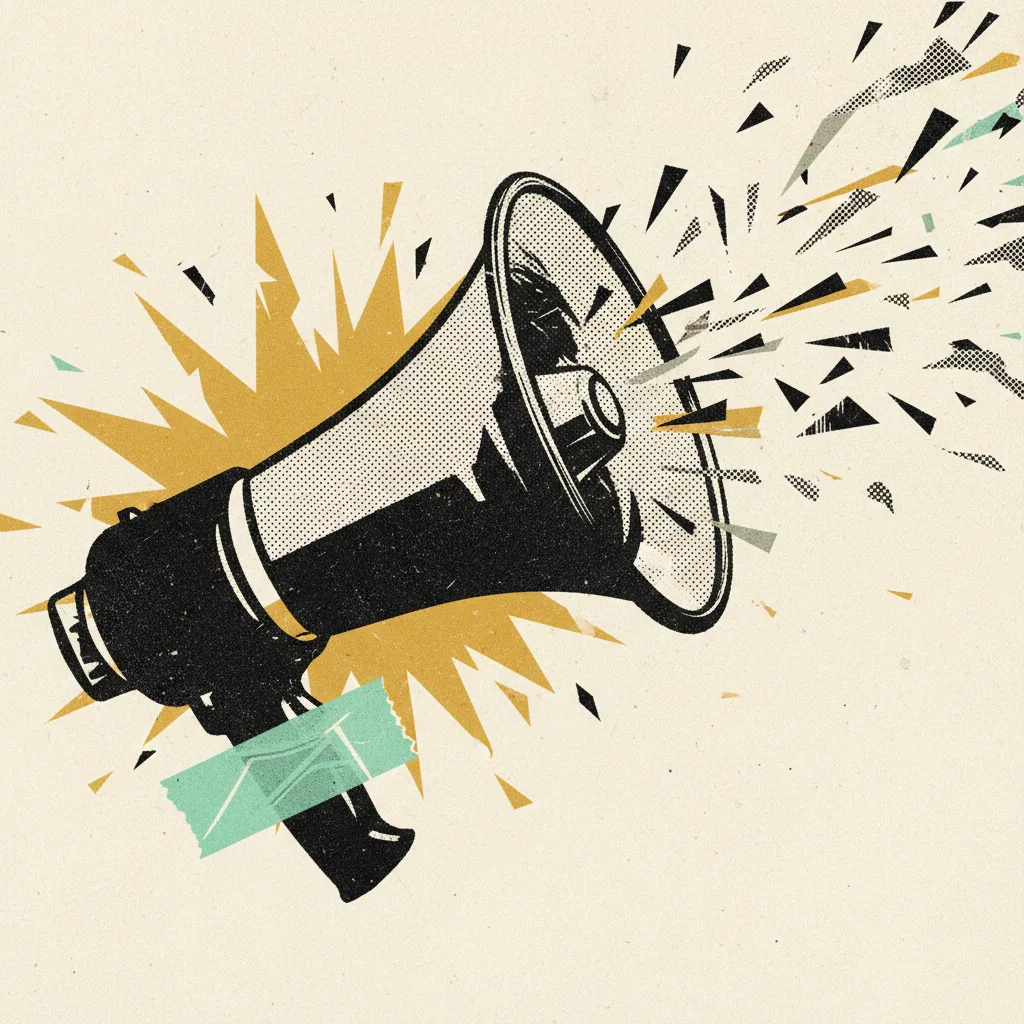 Oversized megaphone with mint tape and yellow burst marks on cream background