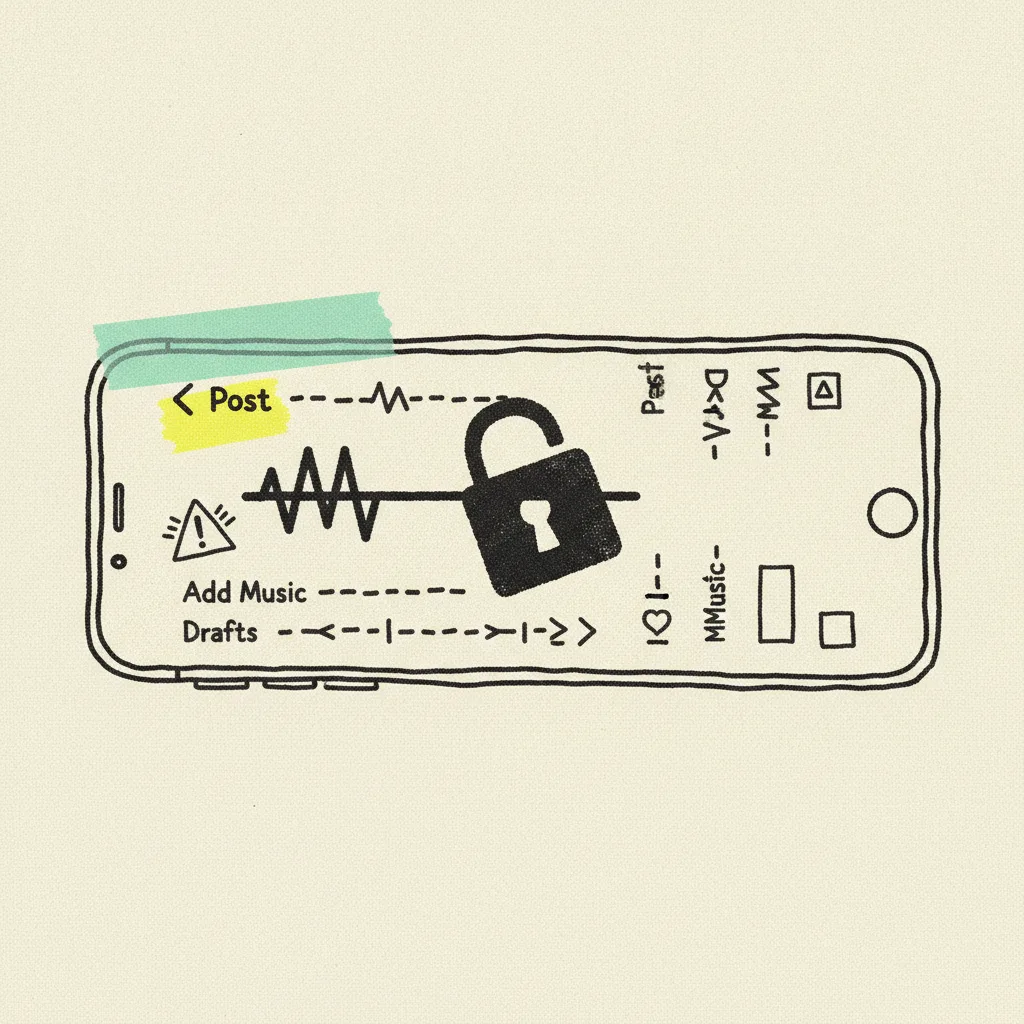 Paper smartphone with a padlock stamped across an audio waveform and a small commercial-sound warning badge highlighted in yellow
