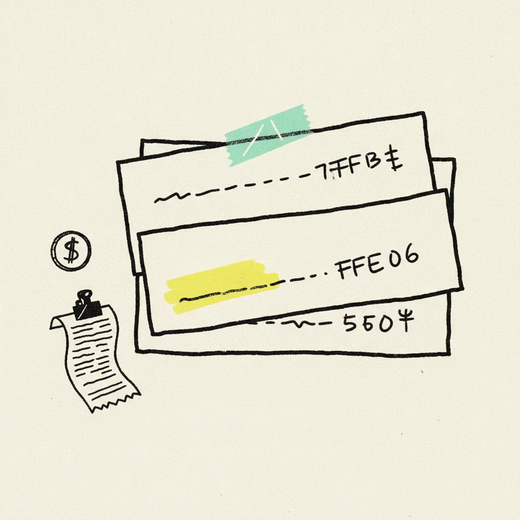 Three stacked paper subscription invoices with a mint tape strip and a yellow highlight on one line