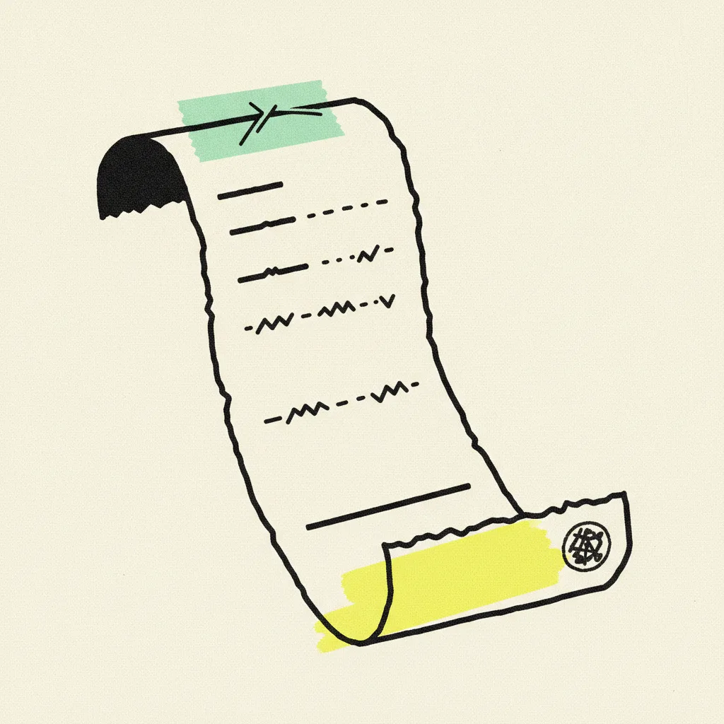 Paper receipt scroll on cream paper with three line items showing abstract dash marks where THB amounts would be, a mint tape strip across the top and a yellow highlighter blob across the total line at the bottom
