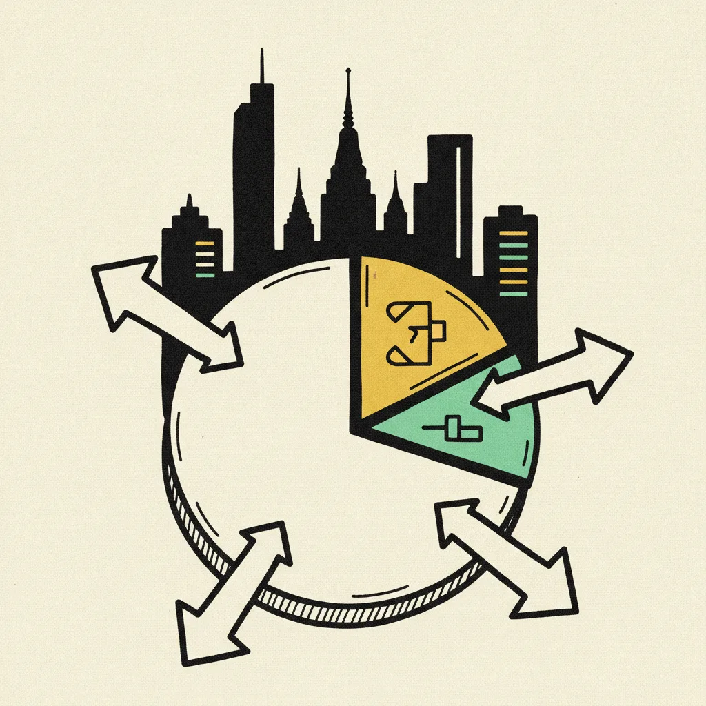 Pie chart broken into three wedges in front of a Bangkok skyline silhouette, suggesting how a campaign budget splits across creator tiers.