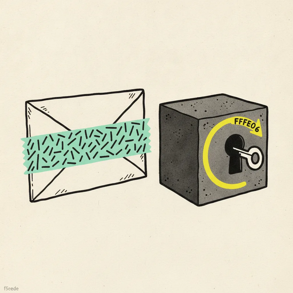Sealed envelope beside a lockbox with a highlighter arc showing the key rotating.