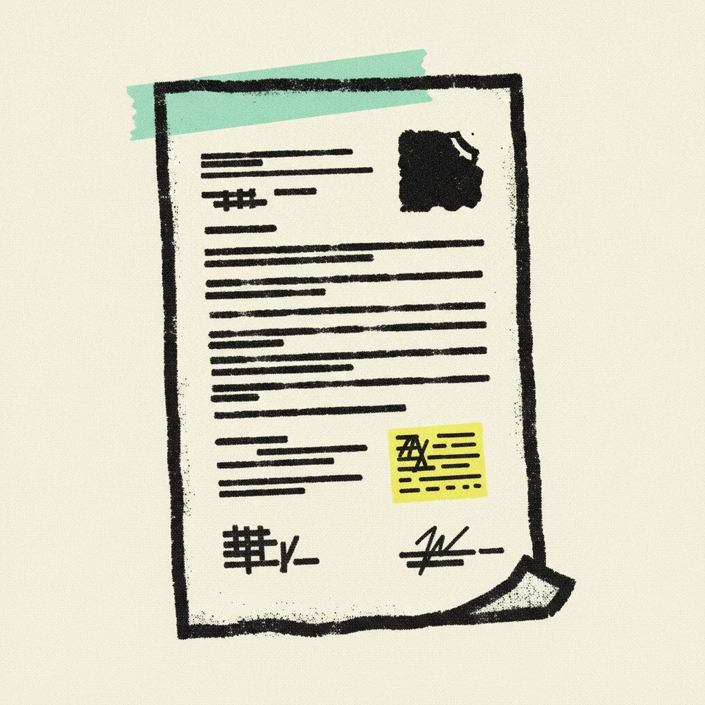 Contract with mint tape across its top and a yellow highlighter square around a small clause block.