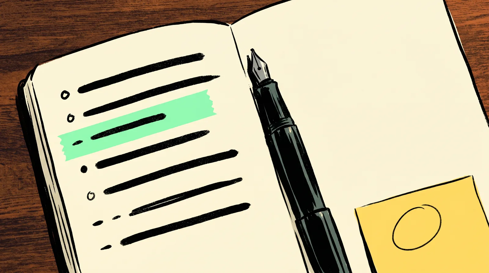 Open notebook with a list, pen across the page, on a wooden desk