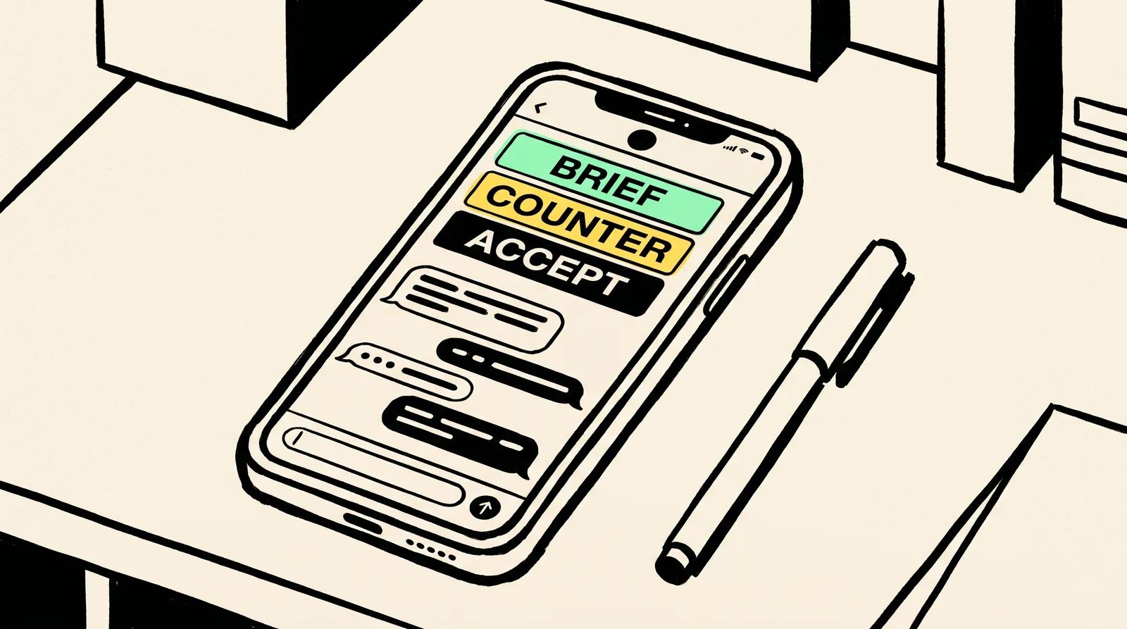Phone in hand with status chips BRIEF, COUNTER, ACCEPT