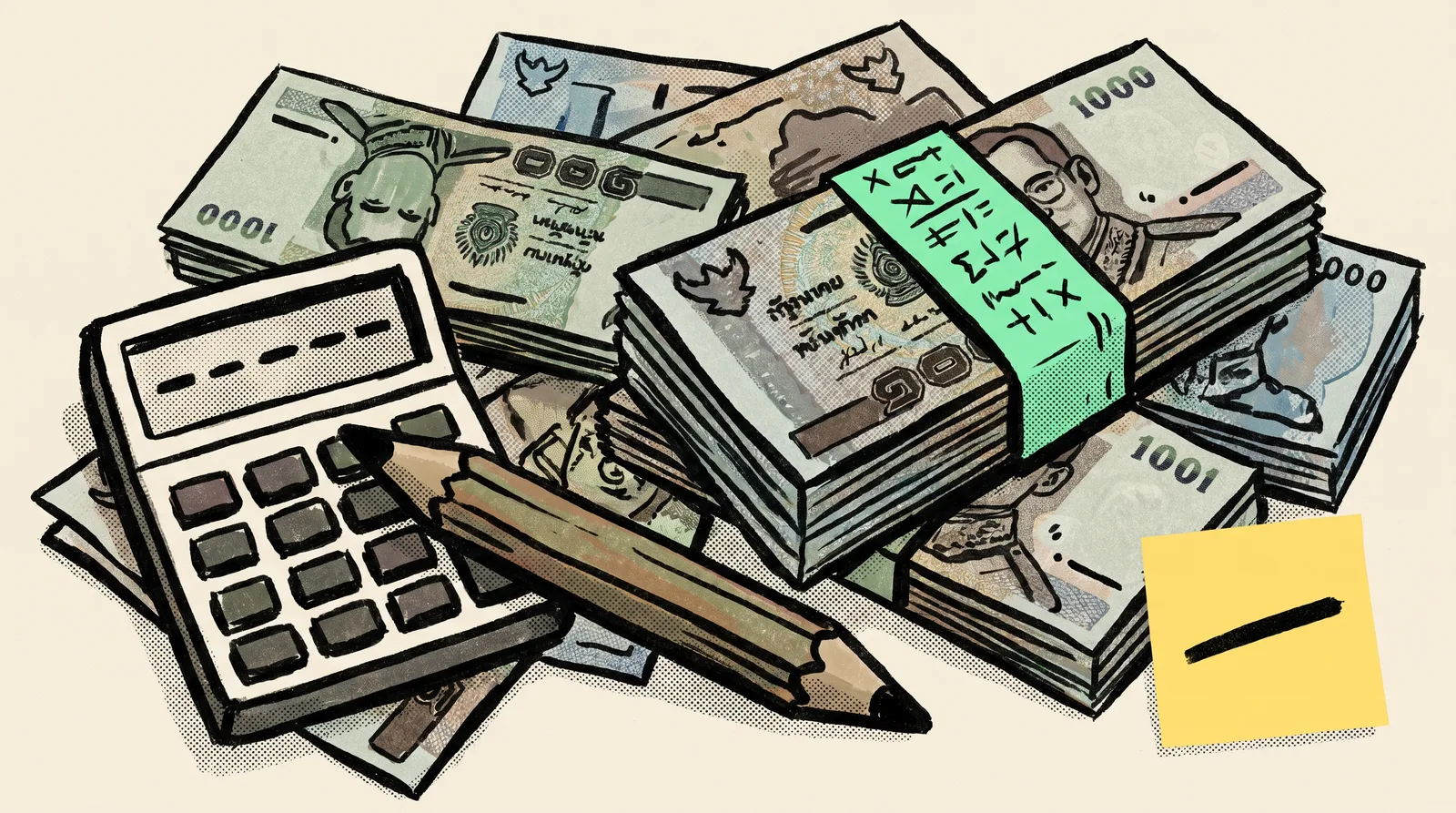 Thai baht banknotes fanned out on a wooden desk beside a calculator