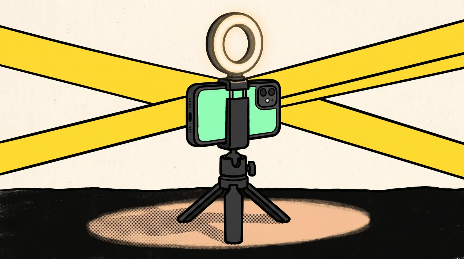Smartphone on a tripod with a ring light, set up for filming a short video