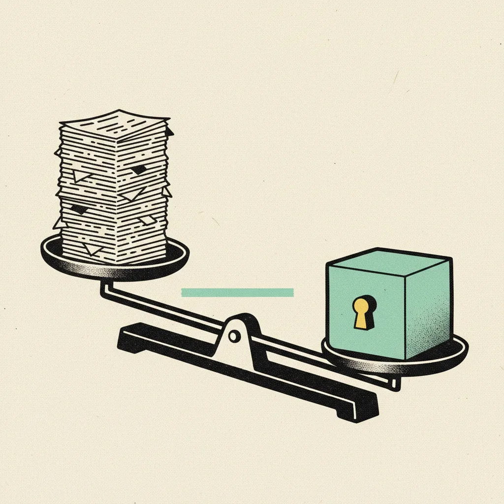 A black ink balance scale weighing paper invoices against a mint vault on cream paper