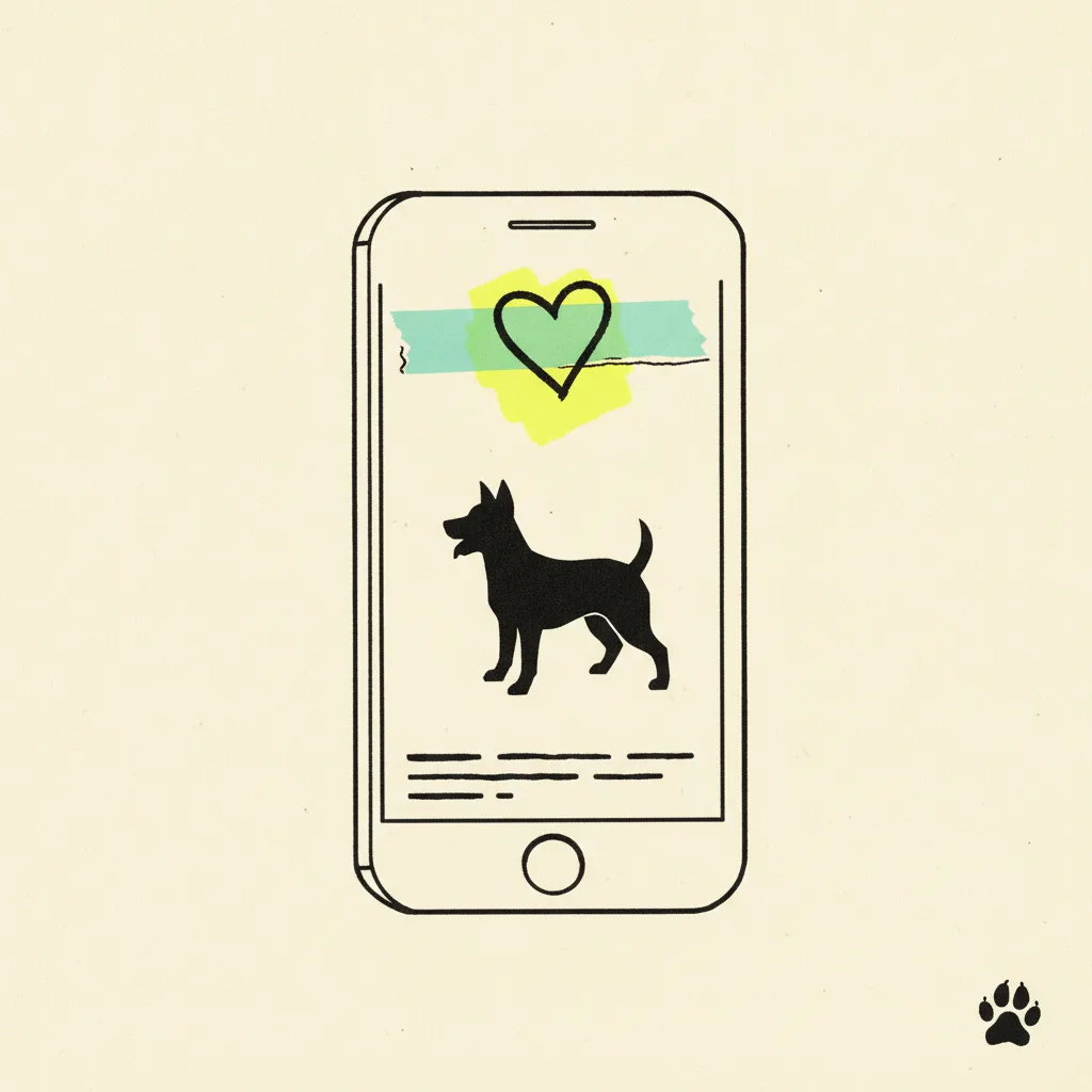 Paper smartphone showing a dog-silhouette video frame with abstract engagement marks, mint tape across the top and a yellow highlighter blob on a heart-shaped icon