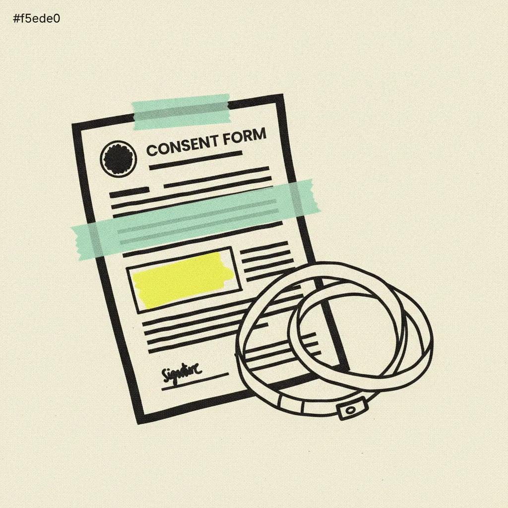 Paper veterinary consent form and coiled paper leash on cream paper, mint tape across the signature line, yellow highlighter blob on a clause box