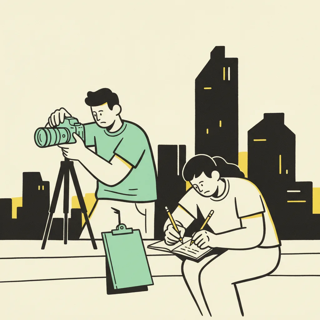 Two Bangkok creators planning a long-form YouTube shoot on a rooftop at golden hour.