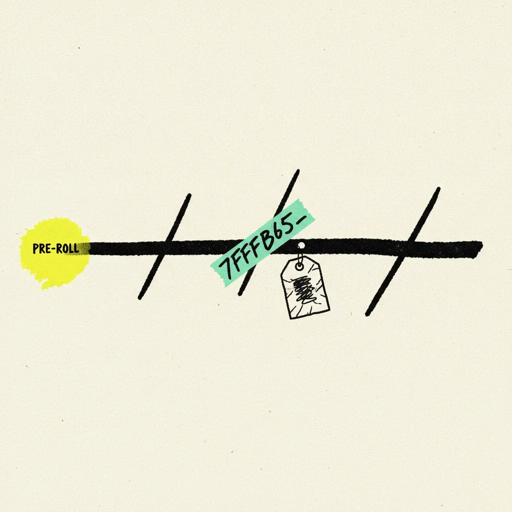 Brutalist editorial illustration of a paper podcast episode timeline bar with three chapter markers, mint tape strip across the mid chapter, yellow highlighter blob on the pre-roll section, small paper price tag on the mid-roll marker