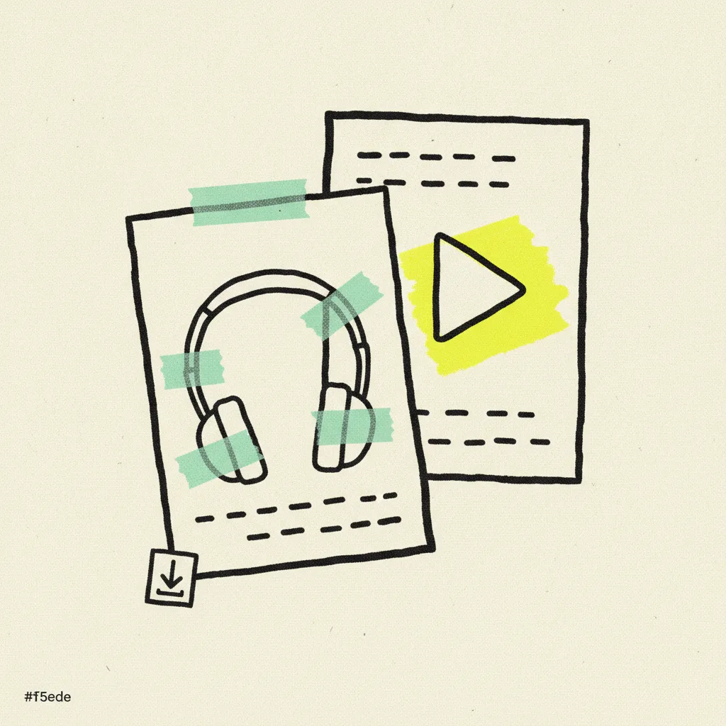 Brutalist editorial illustration of two overlapping paper platform tiles on cream paper, one wrapped in mint tape showing a headphones outline, the other showing a play-triangle with a yellow highlighter blob across it, small ink download arrow clipped to the corner