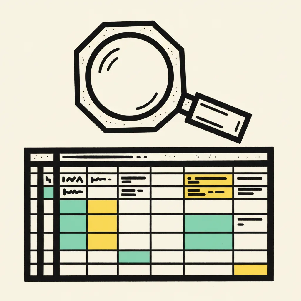 Magnifying glass over a spreadsheet grid with a few cells highlighted in mint and yellow.