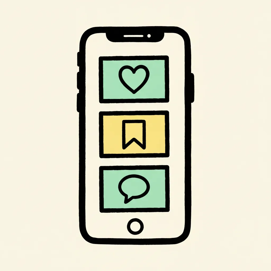 Smartphone frame showing three stacked screenshot cards: heart icon, bookmark icon, comment icon.