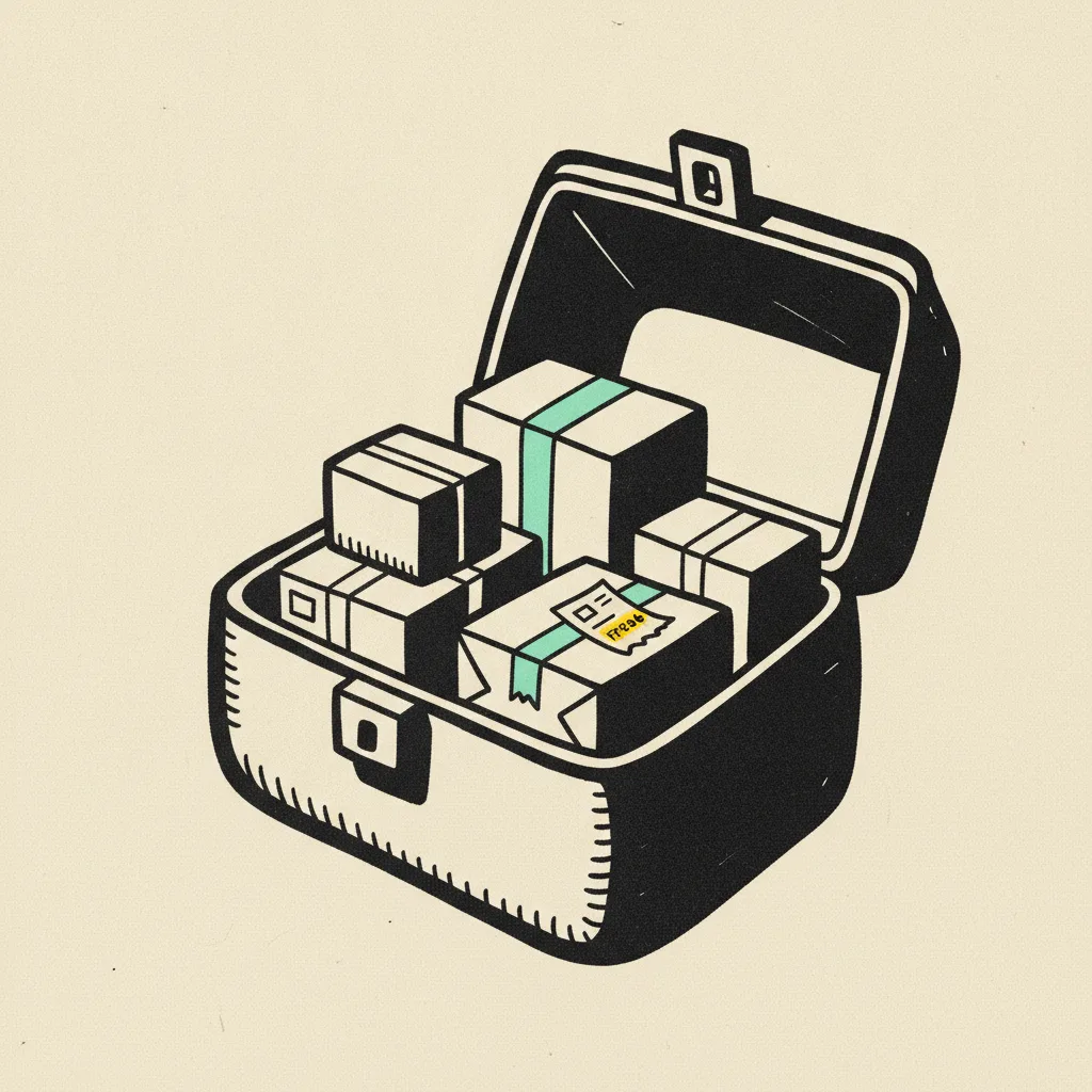 Motorbike courier top-box with parcels and a delivery slip, brutalist illustration on cream background