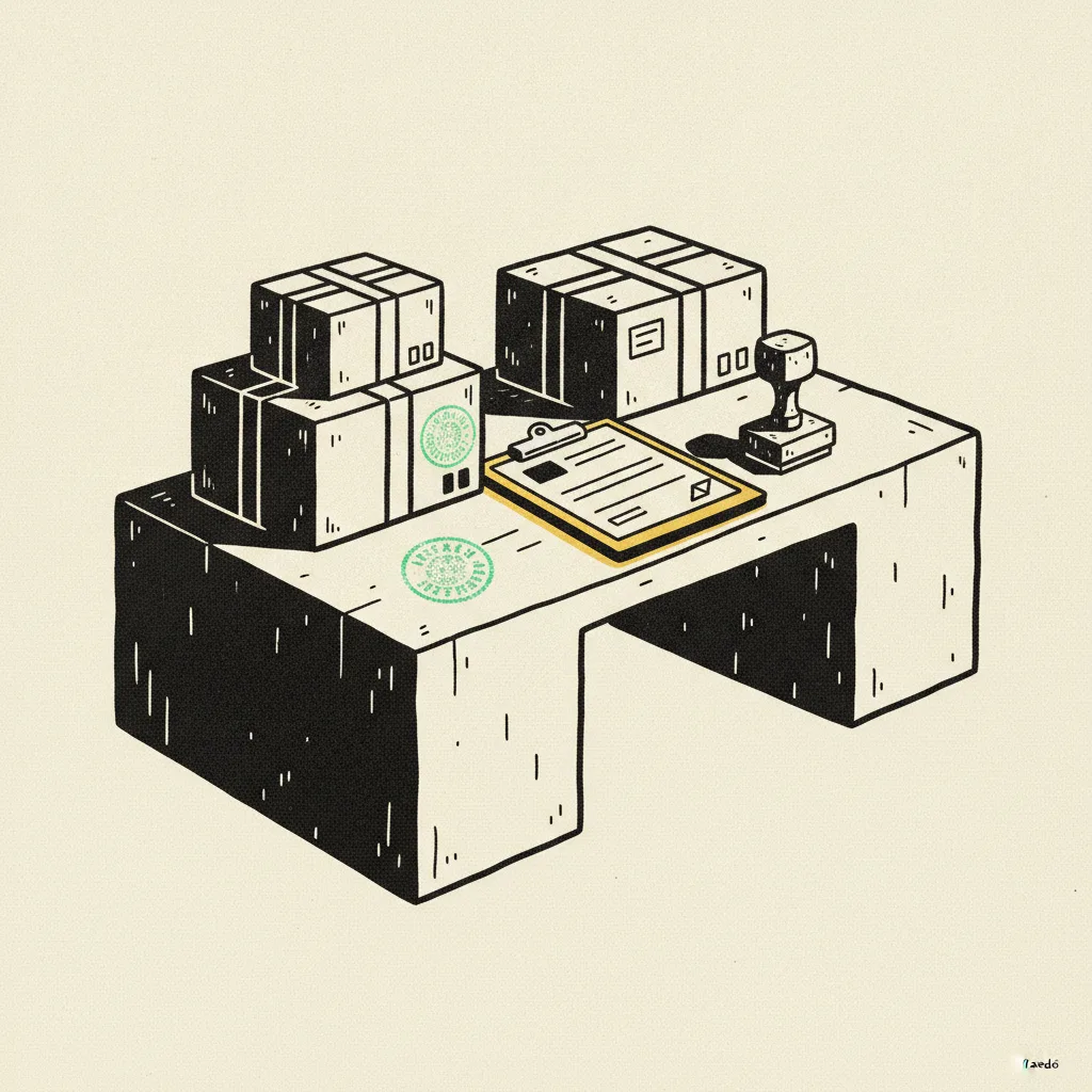 Customs desk with sealed cartons, clipboard, and a rubber stamp, brutalist illustration on cream background