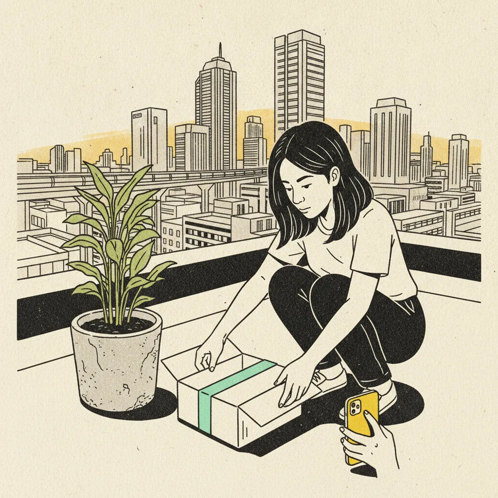 A Thai creator arranging a PR box on a Bangkok rooftop, Skytrain in the distance, brutalist black ink linework over cream paper, mint tape and yellow phone-screen highlight.