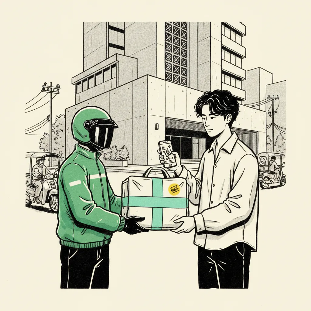 A Grab rider handing a padded PR courier bag to a young Thai male creator in Thonglor, phone showing a brand DM, brutalist black ink linework in cream and mint.