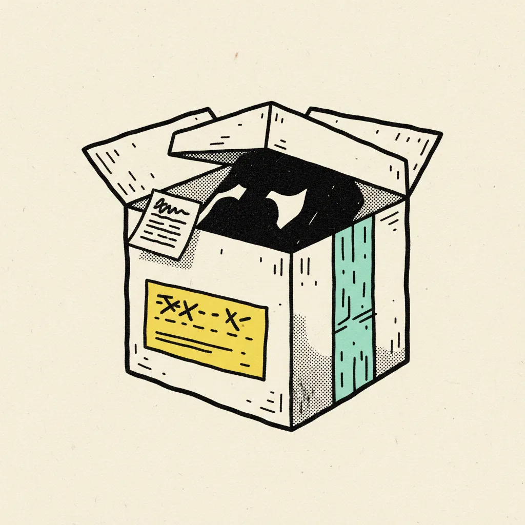 A cardboard PR seeding box with a mint tape seal and a yellow shipping label, a small note tucked under the flap