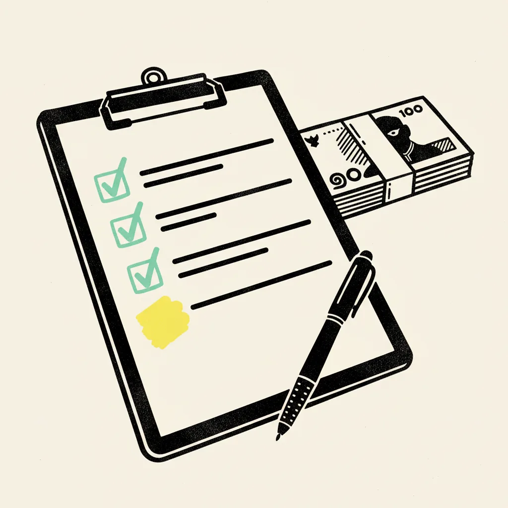 A paper clipboard contract with a ticked checklist and a small stack of THB notes drawn in ink