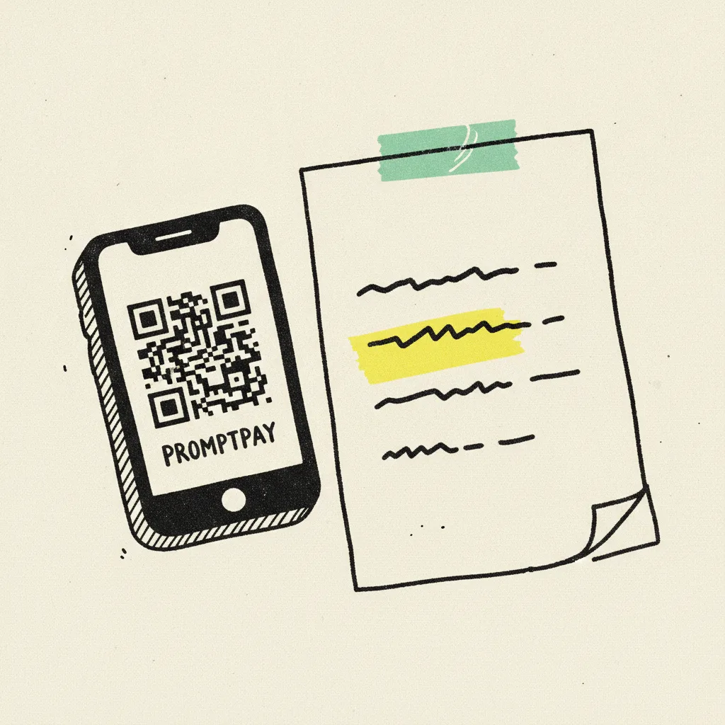 Brutalist illustration of a smartphone showing a PromptPay QR square next to a paper invoice with abstract dash rows and a mint tape strip across the top.