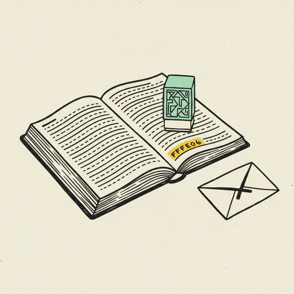 Brutalist illustration of an open bank ledger book with abstract dash rows, a rubber stamp block, and a small envelope marked with a black cross.