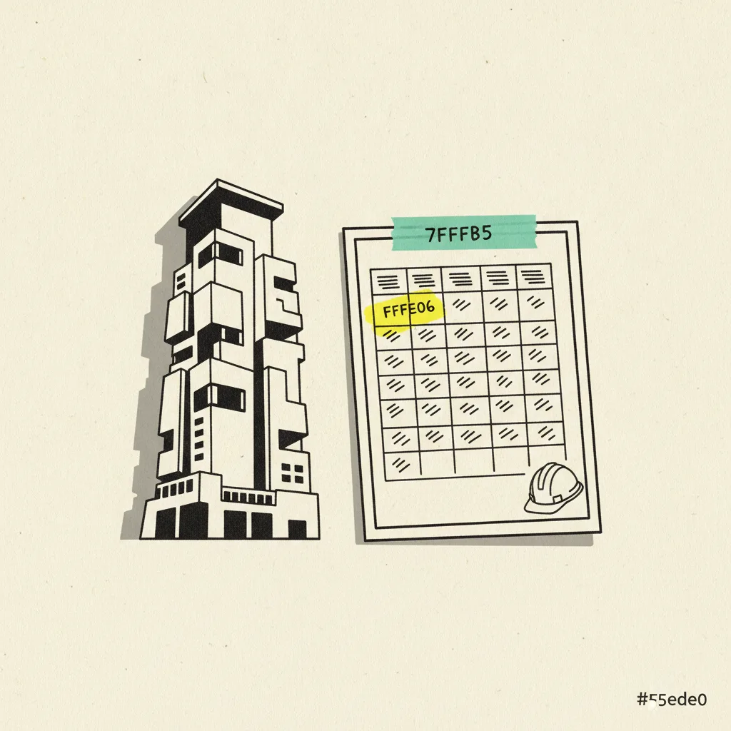 Paper Bangkok condo tower silhouette beside a paper site-visit clipboard with a mint tape strip across the top, yellow highlighter blob on a time-slot grid, small ink hard-hat clipped to the clipboard corner