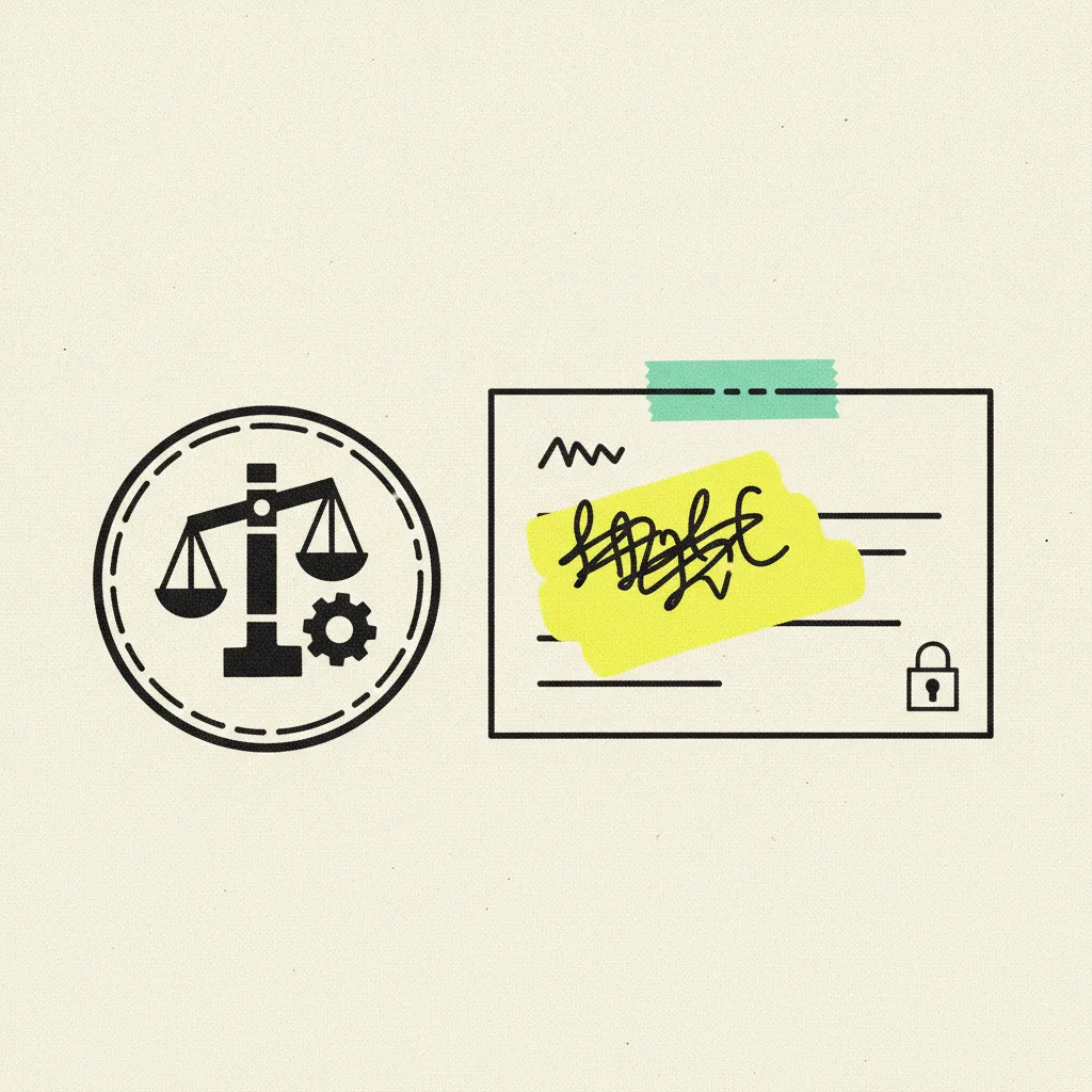 Paper compliance stamp and paper property advertising licence card with a mint tape strip binding the licence card, yellow highlighter blob across one clause, small ink padlock on the corner
