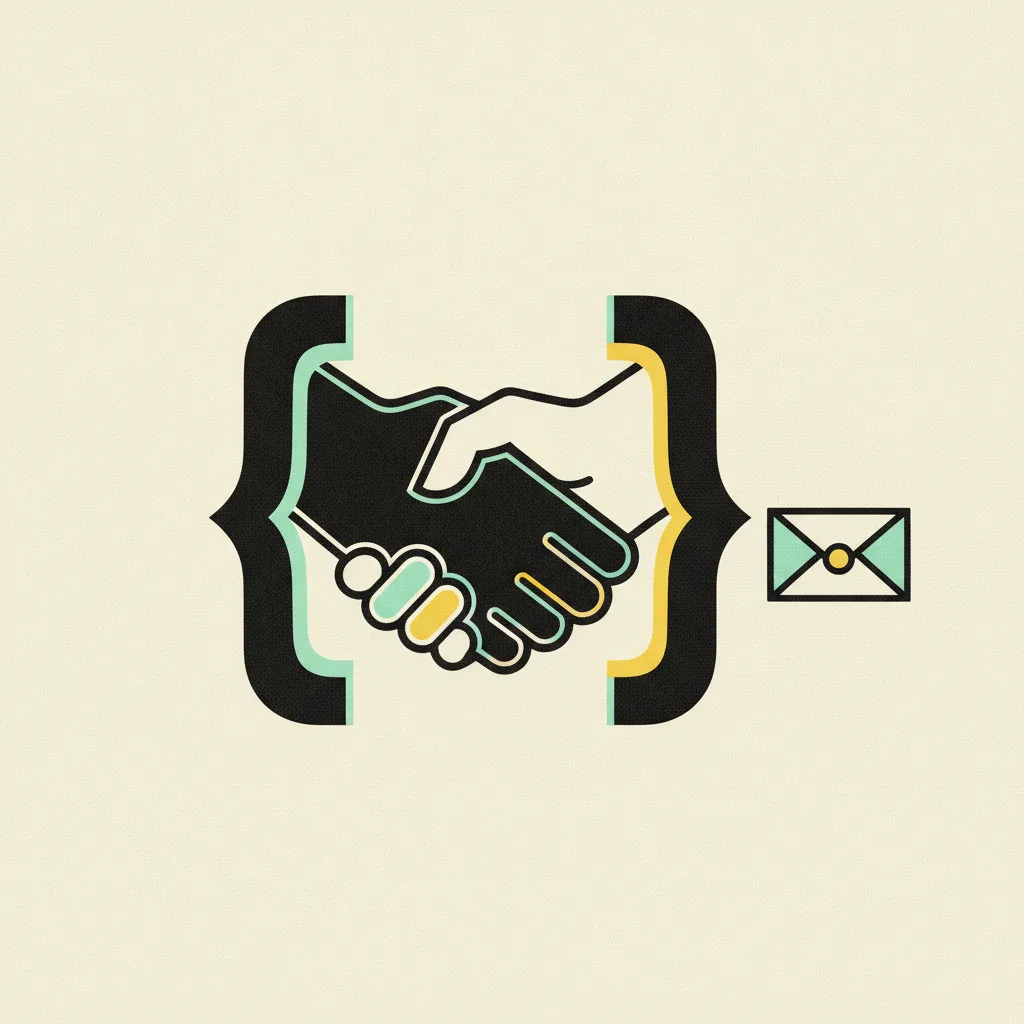 Two interlocking brackets forming a handshake next to a small envelope.