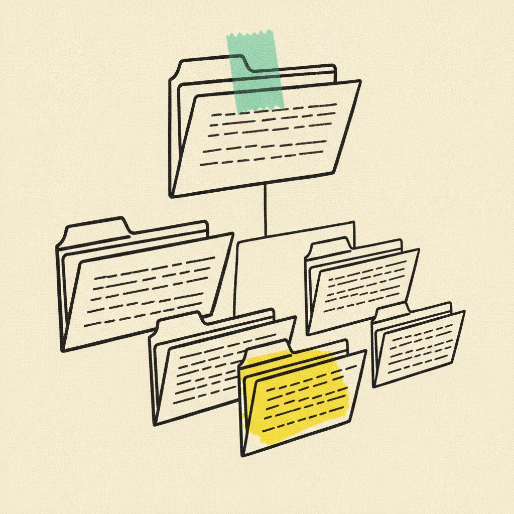 Nested paper folder tree with a mint tape strip on the parent folder and a yellow highlighter on one subfolder