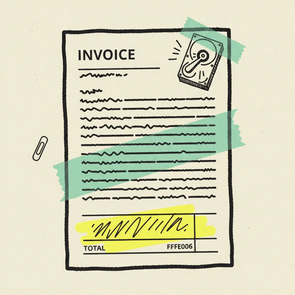 Paper invoice with a mint tape strip across the line-item area and a yellow highlighter blob on the total row