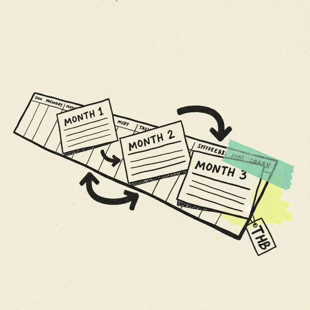 Three bookings across a calendar, taped together