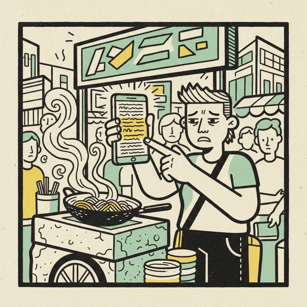 A Bangkok creator at a night food stall scrutinising a contract on their phone, highlighting a usage clause.