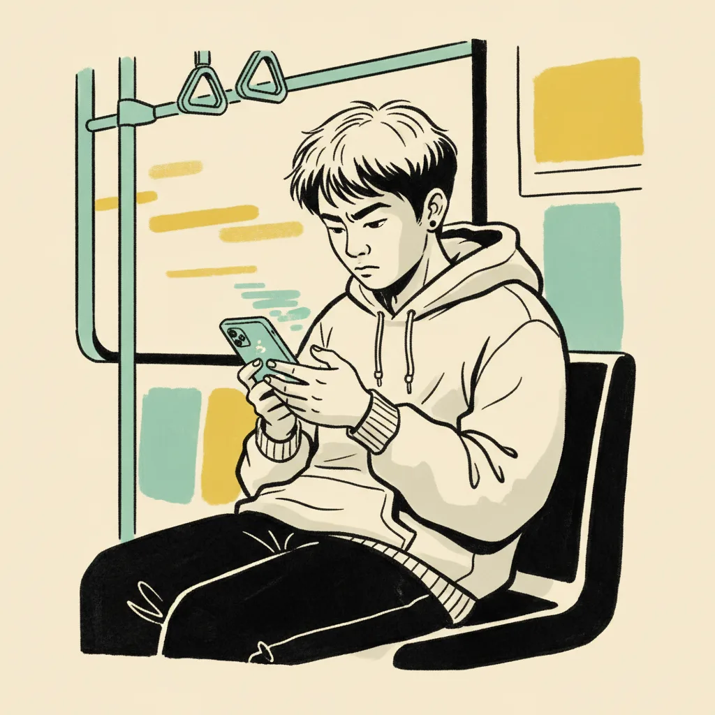A Bangkok creator on the BTS Skytrain at night, writing a reply to a brand on their phone, city lights behind.