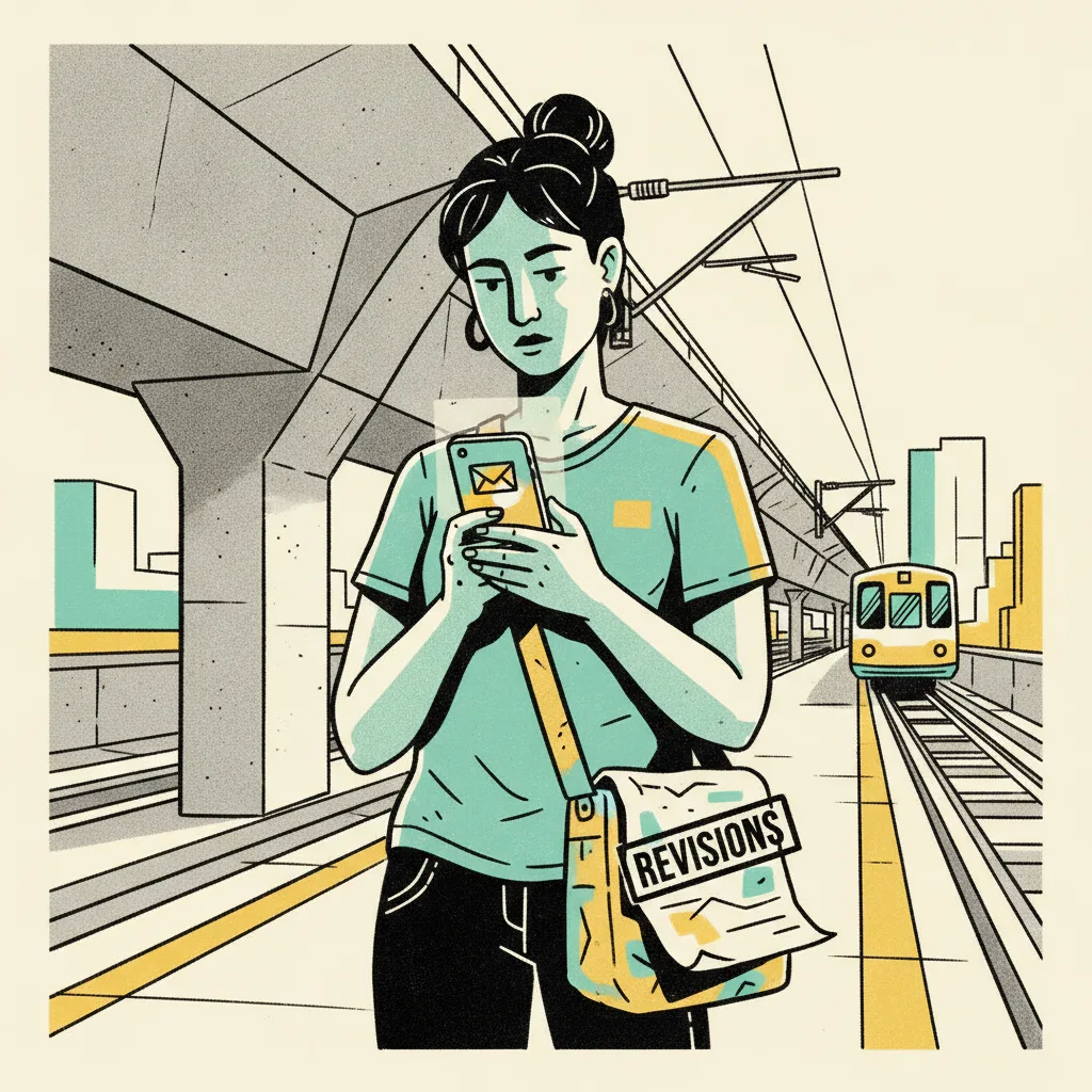 Creator on a Bangkok Skytrain platform holding a phone with a contract labelled REVISIONS half out of her bag