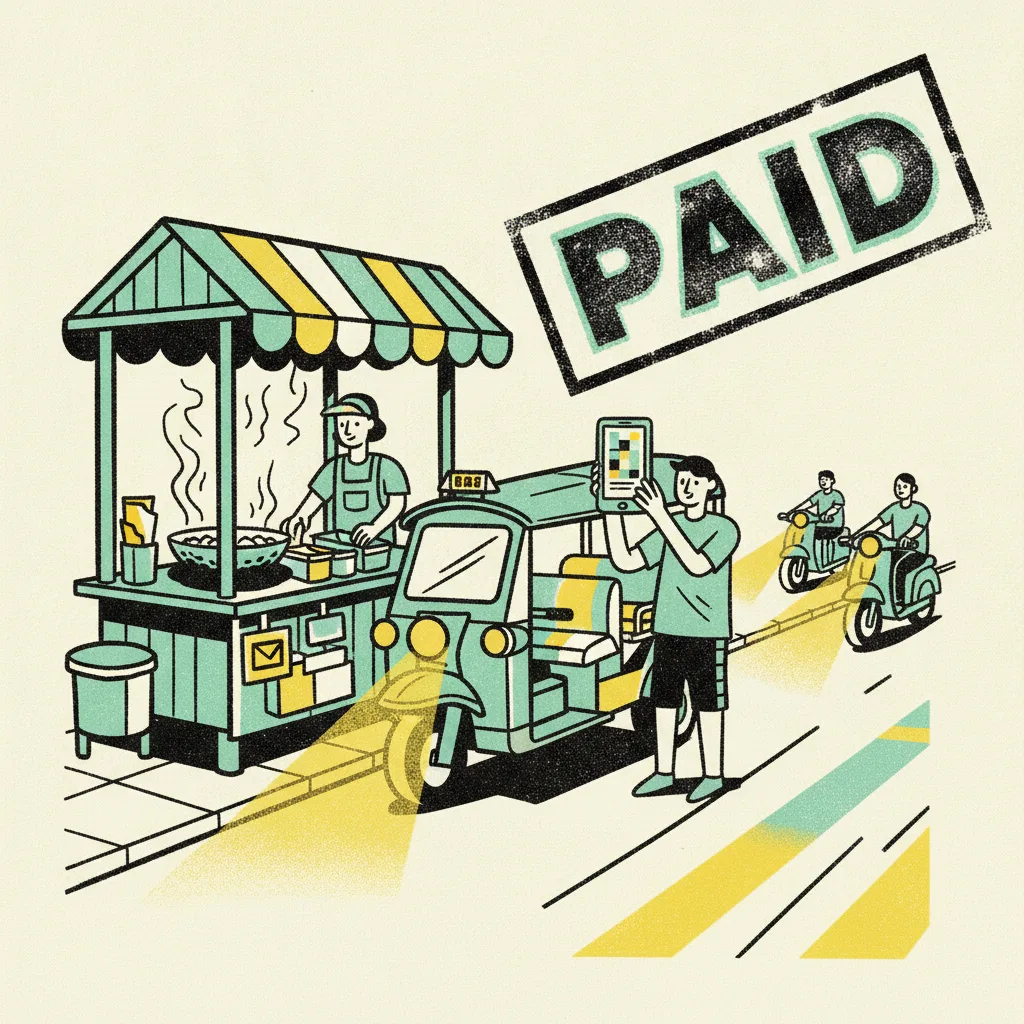 Creator beside a tuk-tuk at a Bangkok street stall showing a payment screen with a bold PAID stamp motif