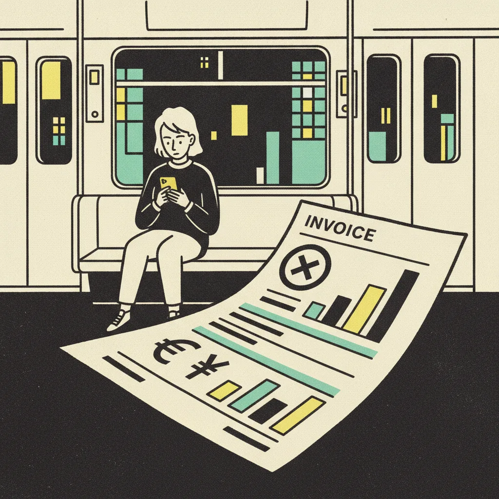 A Bangkok Skytrain carriage at night with an oversized stylised invoice floating in the foreground, highlighting figures with mint and yellow blocks.