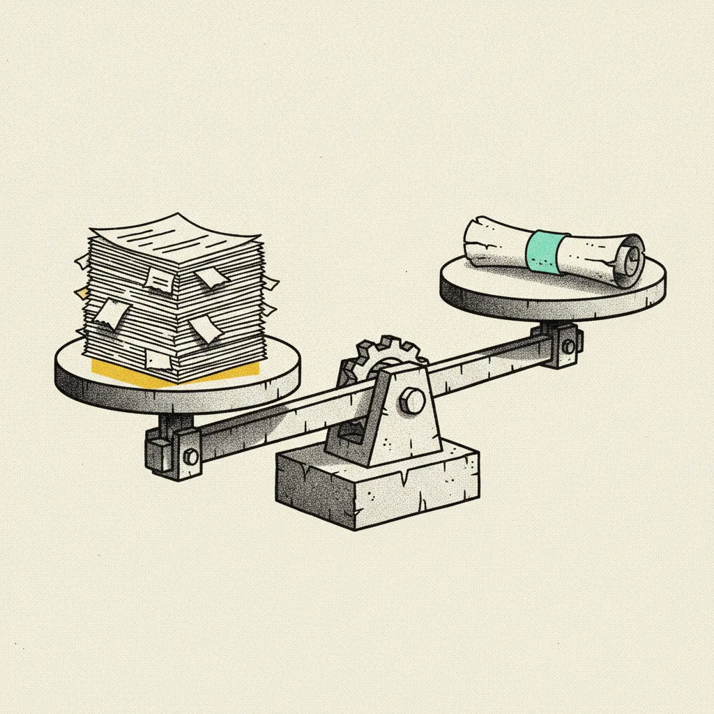 Balance scale weighing a stack of invoices against one contract scroll, illustrating the planning overhead collapse.