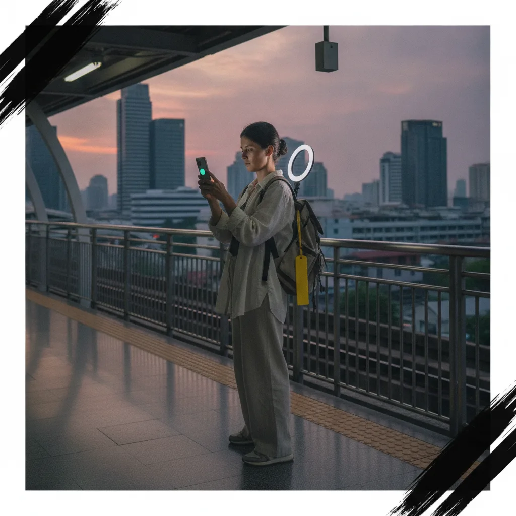 Bangkok female creator on the BTS Skytrain platform checking a message on her phone, backpack with ring light attached