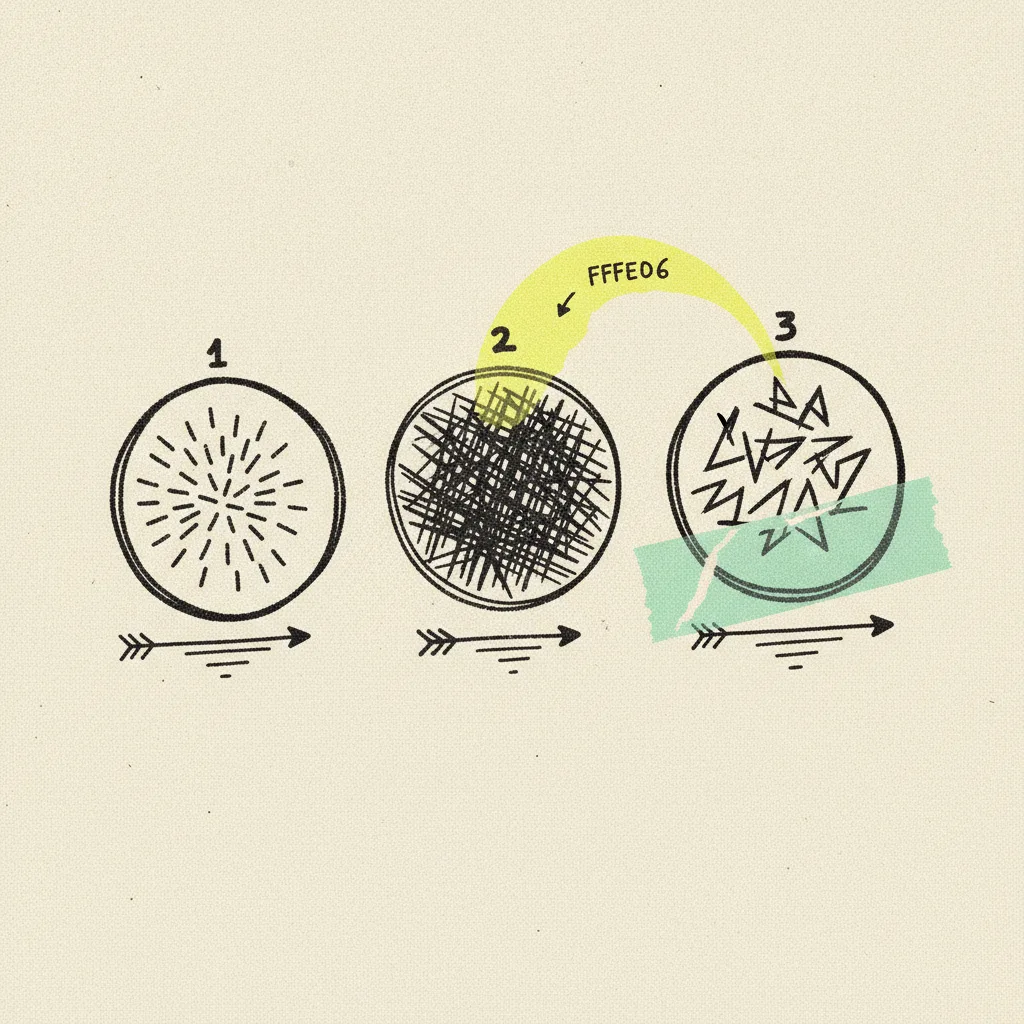 Three numbered paper circles in a row connected by ink arrows