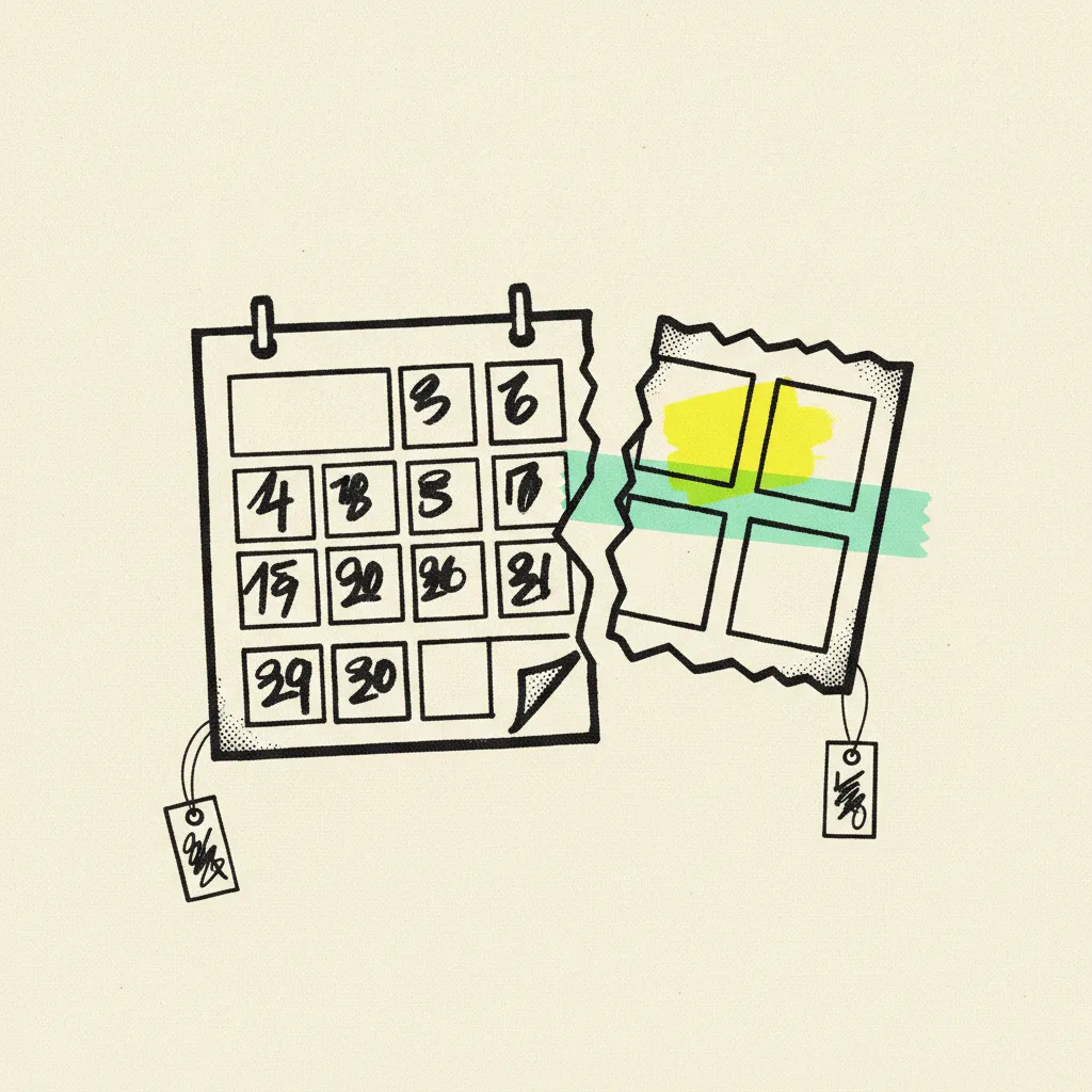 Paper calendar page torn in half with mint tape across the tear and a yellow blob on the shorter side.