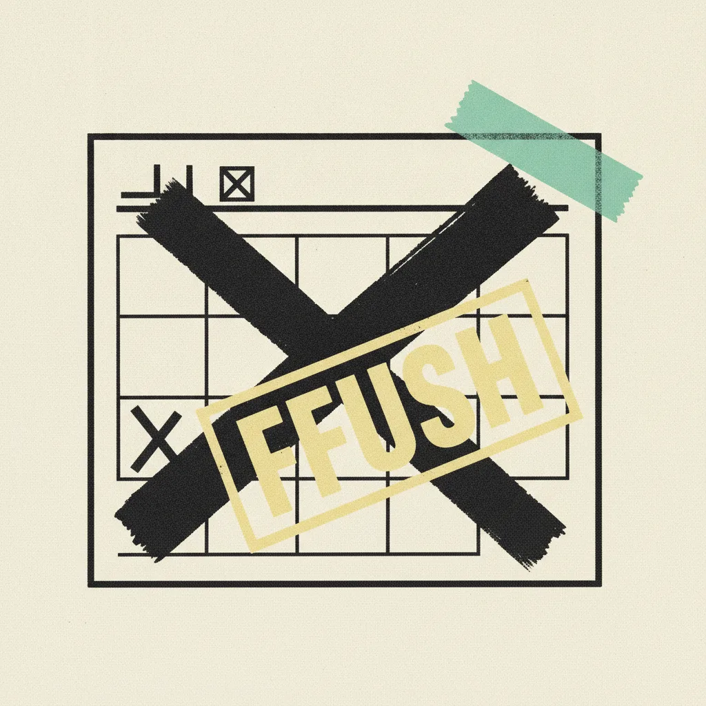 Brutalist illustration of a wall calendar with three days crossed out in thick ink and a yellow RUSH stamp slapped diagonally across the page, cream background with mint and yellow accents.
