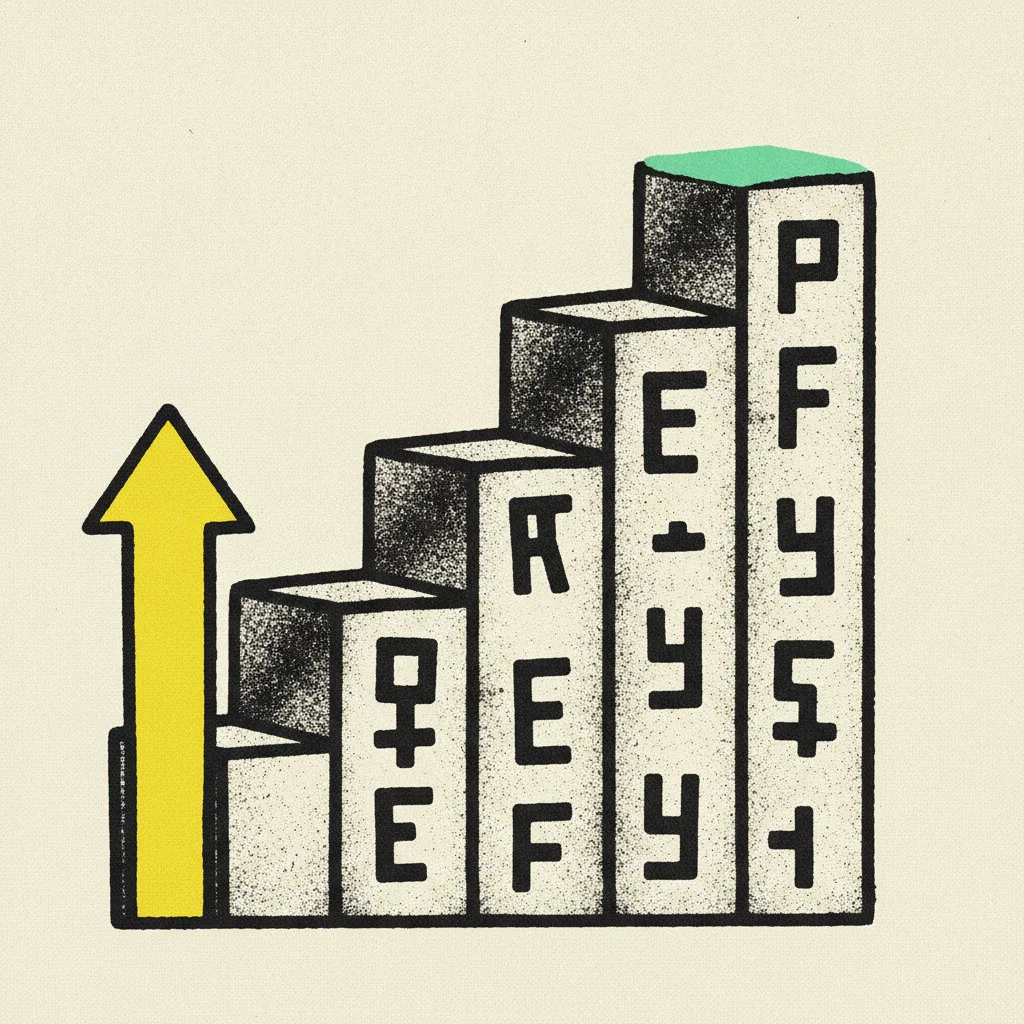 Brutalist illustration of a vertical price ladder with ascending blocks and a yellow upward arrow, mint highlight on the top block, cream background.