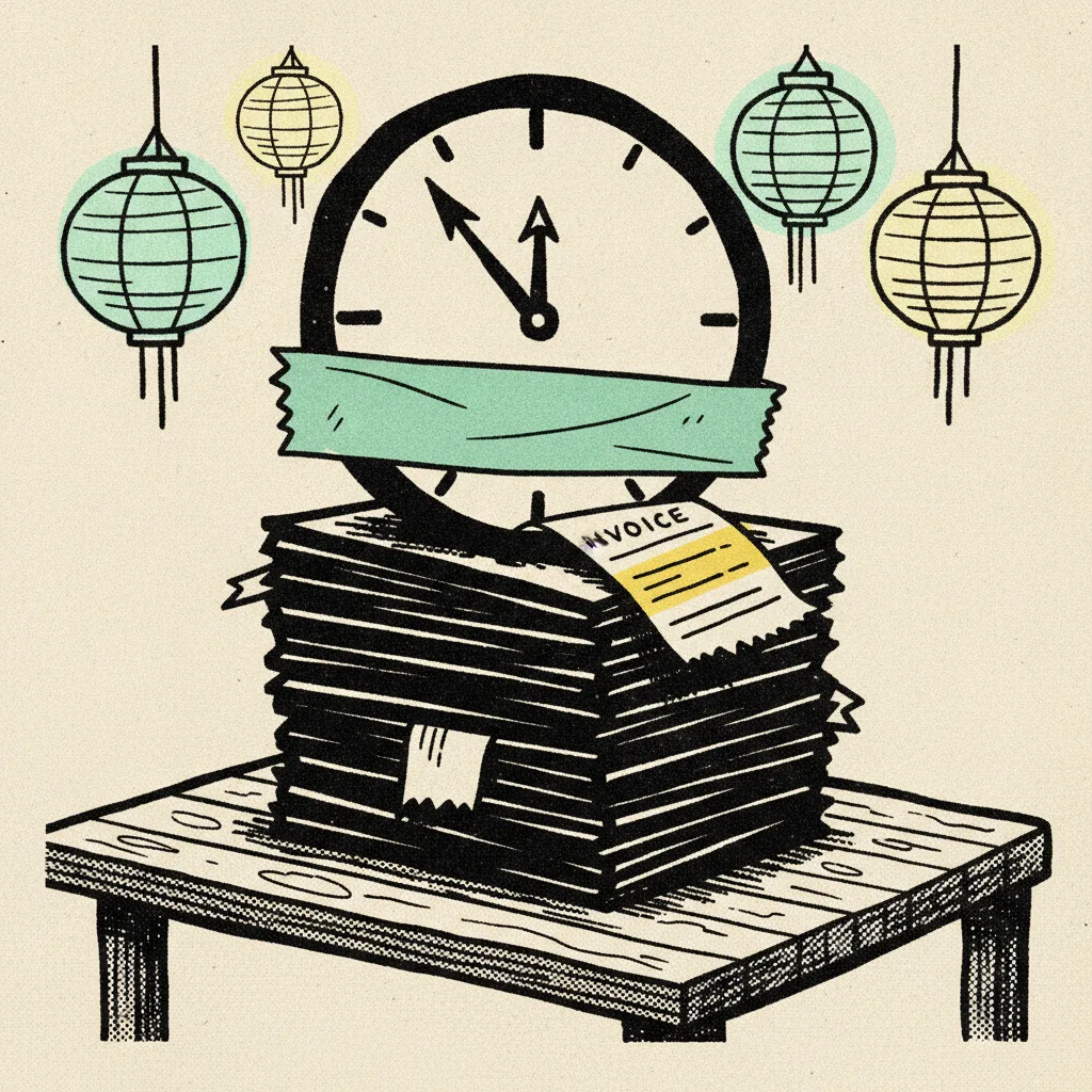 A brutalist clock sitting on a stack of briefs with a mint tape wrap and a yellow invoice slip tucked underneath.