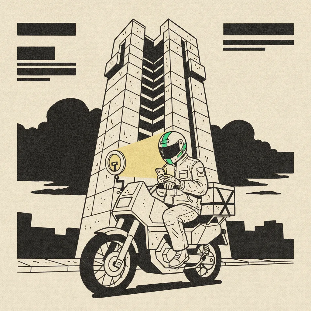 A brutalist illustration of a Thai motorbike delivery setup outside a Sukhumvit condo at dusk with a ring light on the handlebar.